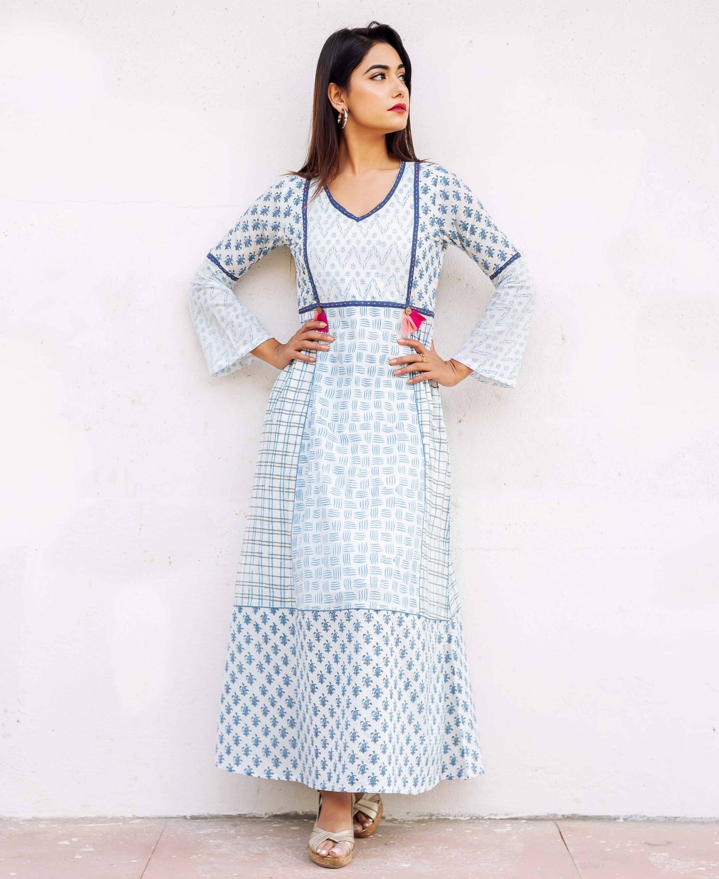 Multi-Printed Bell Sleeves Block Printed Long Dress