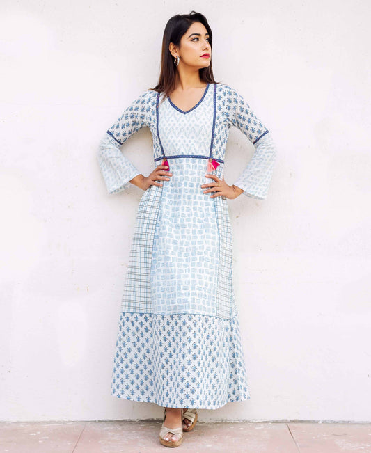 Multi-Printed Bell Sleeves Block Printed Long Dress