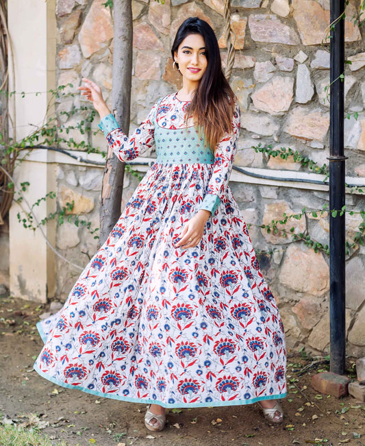 Multi Colored Hand Block Printed Anarkali Dress