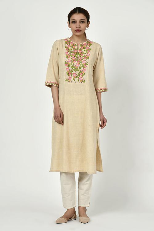 Noorbagh' beige kurta with embroidered yoke