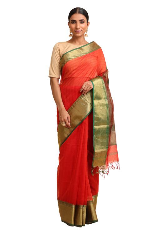 Lal10 Silk Cotton Maheshwari Handwoven Saree