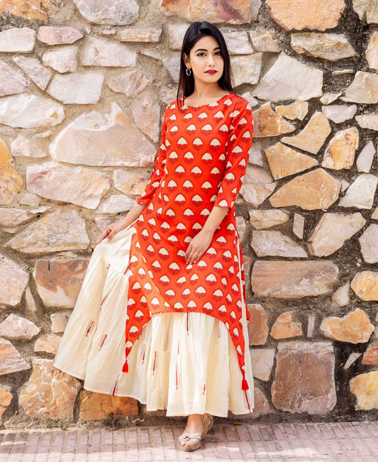 Orange Asymmetrical Double Layered Long Tier Dress