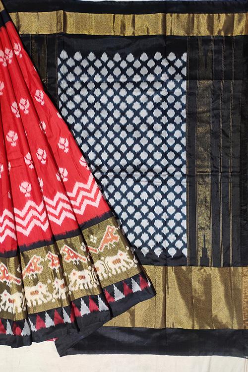 Pochampally Ikkat Handloom Pure Silk Bright Red and Black Saree