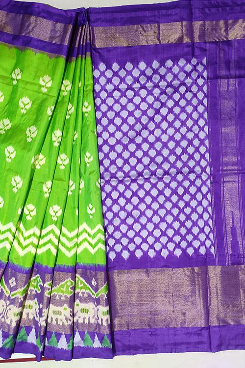 Handloom Pochampally Ikkat Pure Silk Green and Violet Saree