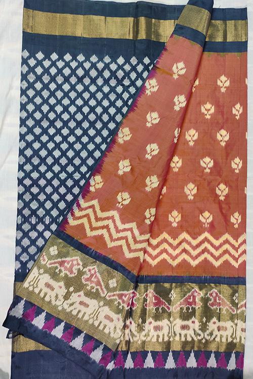 Handloom Pochampally Ikkat Pure Silk Orange and Slate Grey Saree