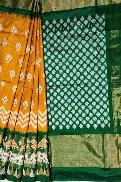 Handloom Pochampally Ikkat Pure Silk Mustard Yellow and dark green Saree