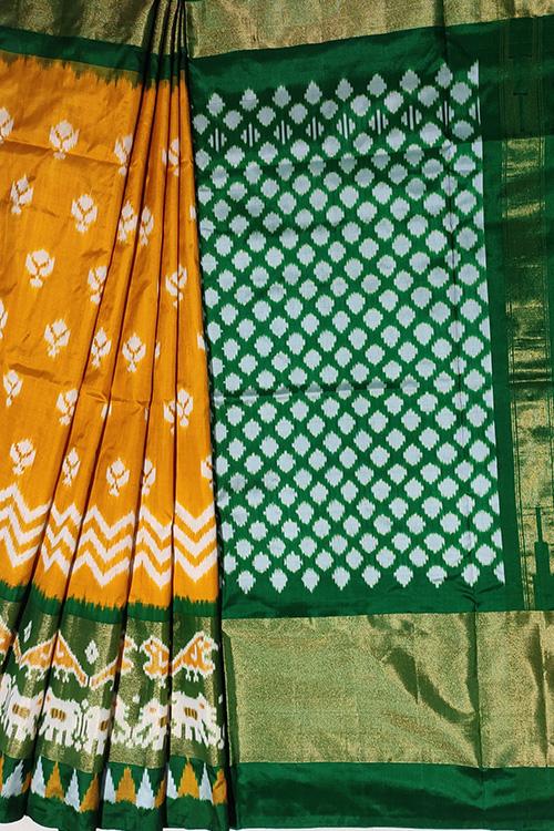 Handloom Pochampally Ikkat Pure Silk Mustard Yellow and dark green Saree