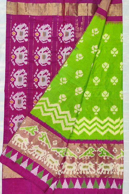 Handloom Pochampally Ikkat Pure Silk Green and Pink Saree