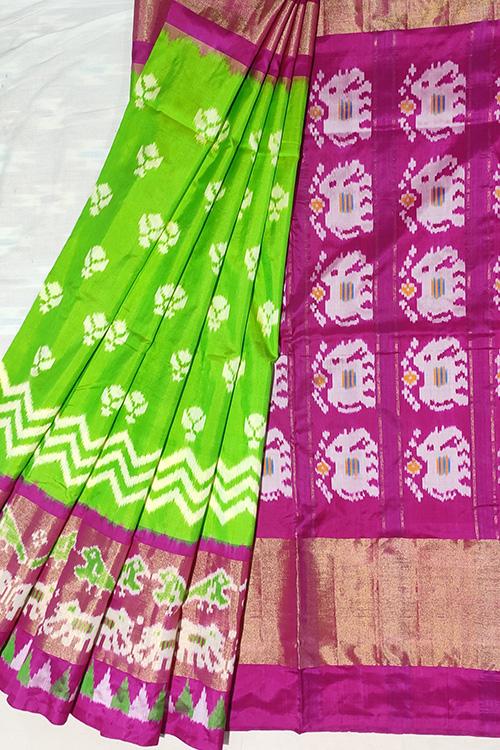 Handloom Pochampally Ikkat Pure Silk Green and Pink Saree