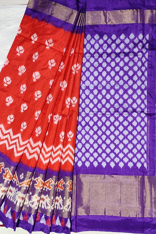 Handloom Pochampally Ikkat Pure Silk Orange and Violet Saree