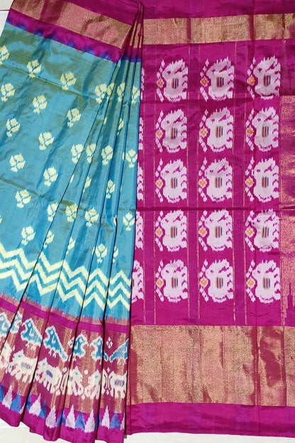 Handloom Pochampally Ikkat Pure Silk Moderate Blue and Pink Saree