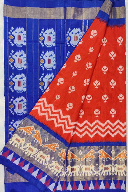 Handloom Pochampally Ikkat Pure Silk Bright Red and Blue Saree