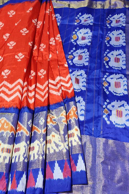 Handloom Pochampally Ikkat Pure Silk Bright Red and Blue Saree