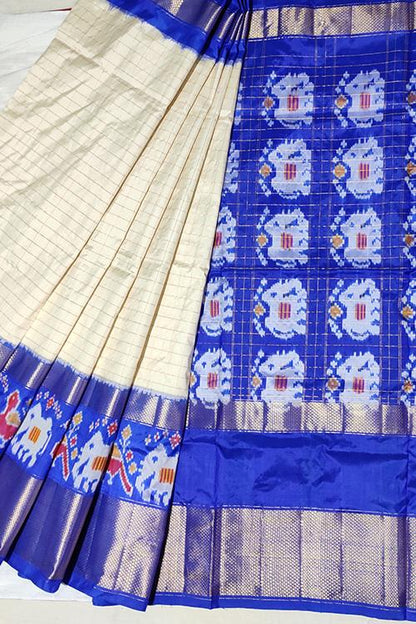 Handloom Pochampally Ikkat Pure Silk Off White and Blue Saree