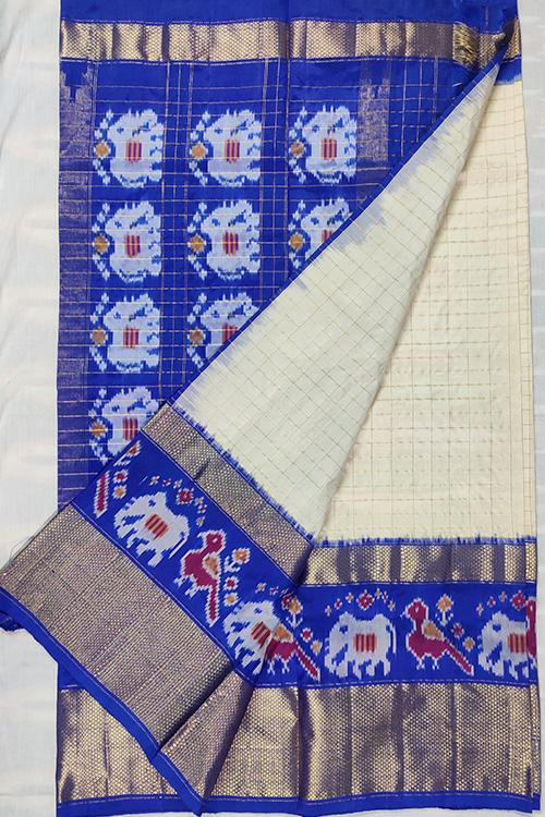 Handloom Pochampally Ikkat Pure Silk Off White and Blue Saree