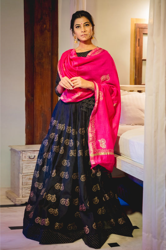 Black Cycle Lehenga Set with Dupatta (Set of 3)