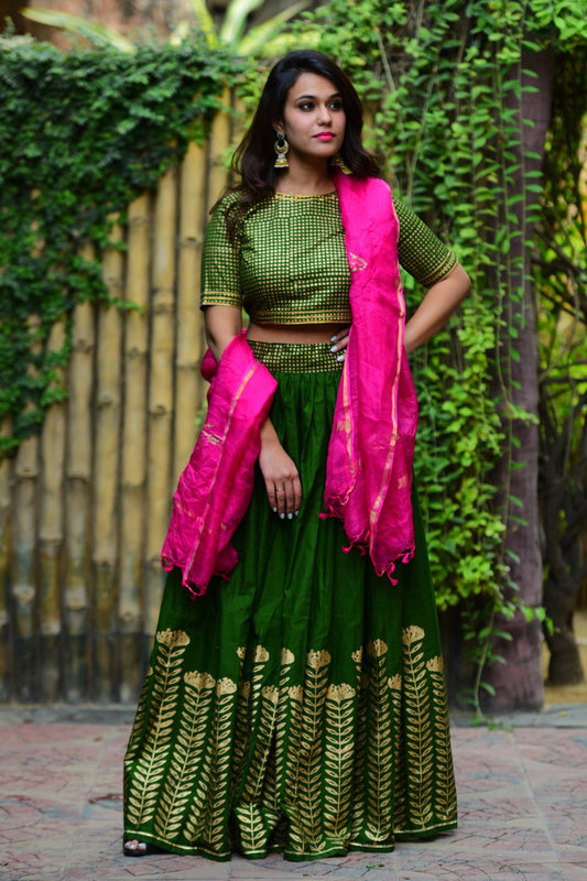 Green Lotus Lehenga Set With Dupatta (Set of 3)