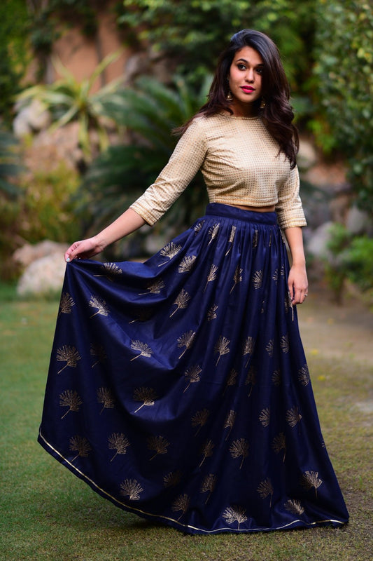 Autumn Leaf Blue Lehenga (Set of 2)