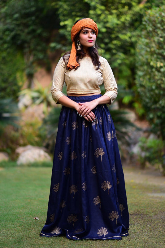 Autumn Leaf Blue Lehenga (Set of 2)