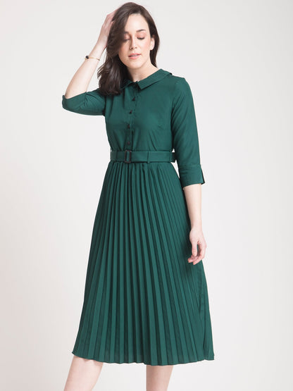 Peter Pan Collar Pleated A Line Dress - Green