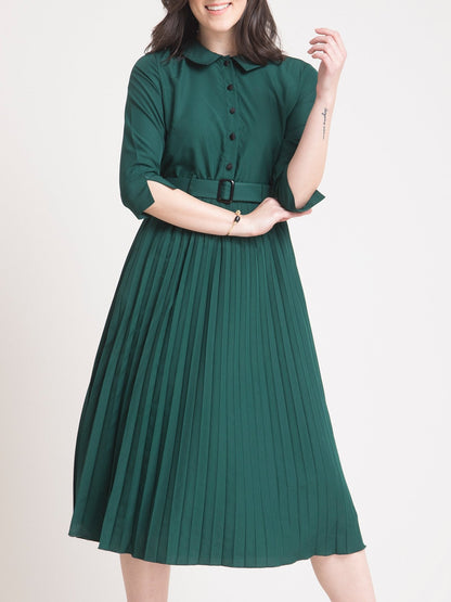 Peter Pan Collar Pleated A Line Dress - Green