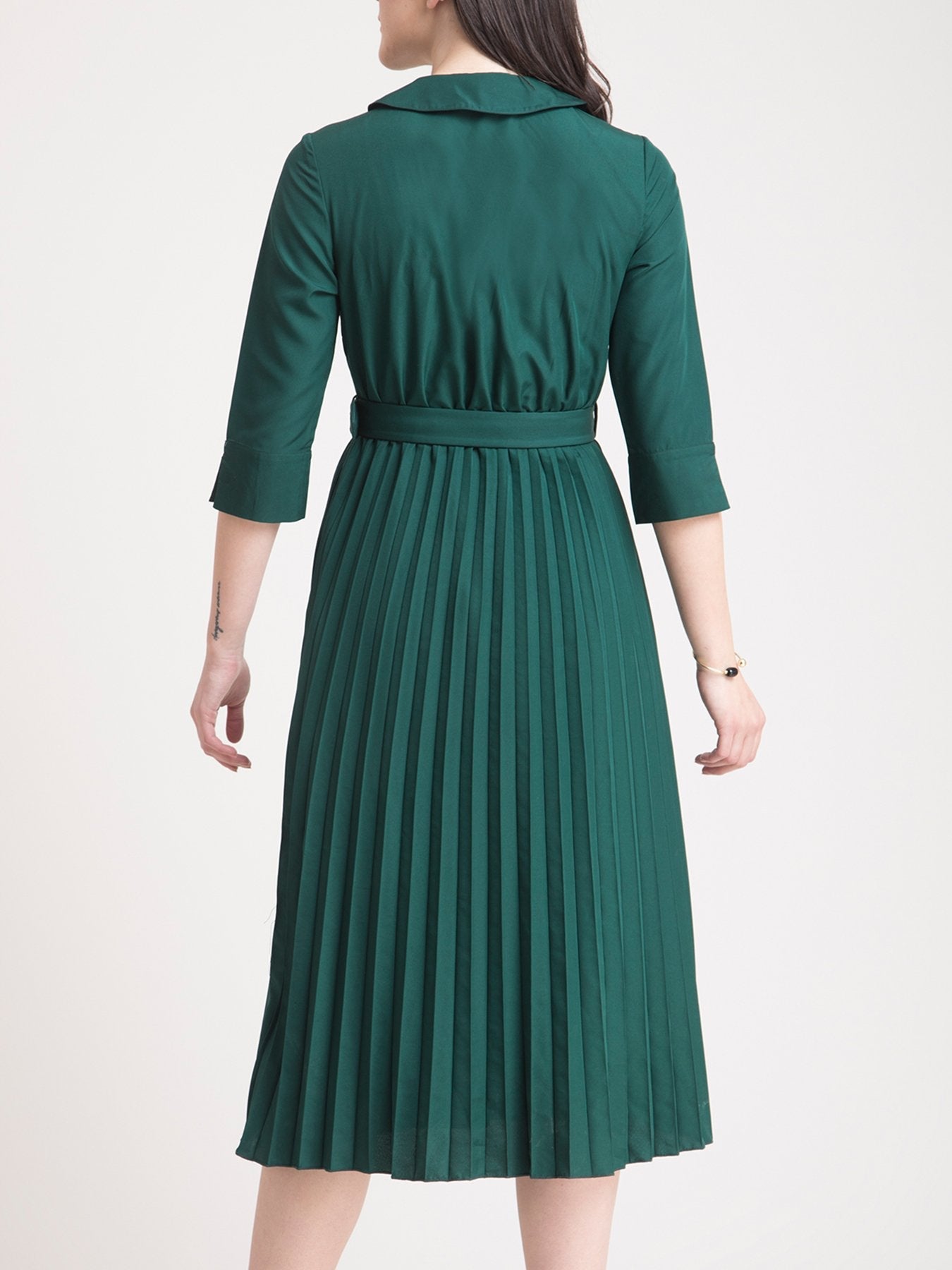 Peter Pan Collar Pleated A Line Dress - Green