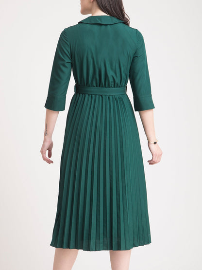 Peter Pan Collar Pleated A Line Dress - Green