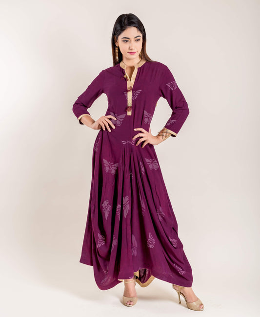 Pleated Hand Block Printed Modal Indo Western Dress In Purple