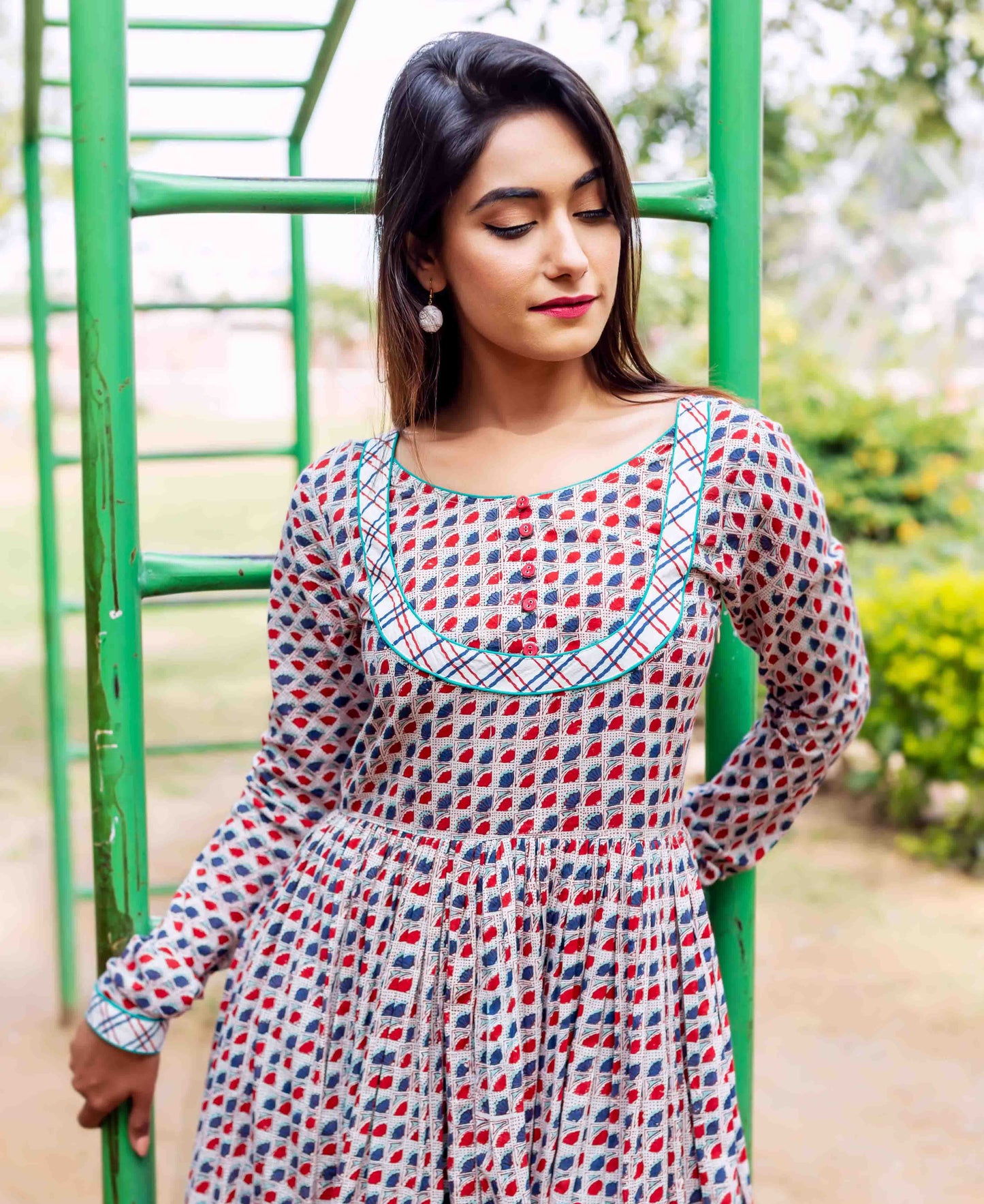 Hand Block Printed Anarkali Dress with Full Churidaar Sleeves