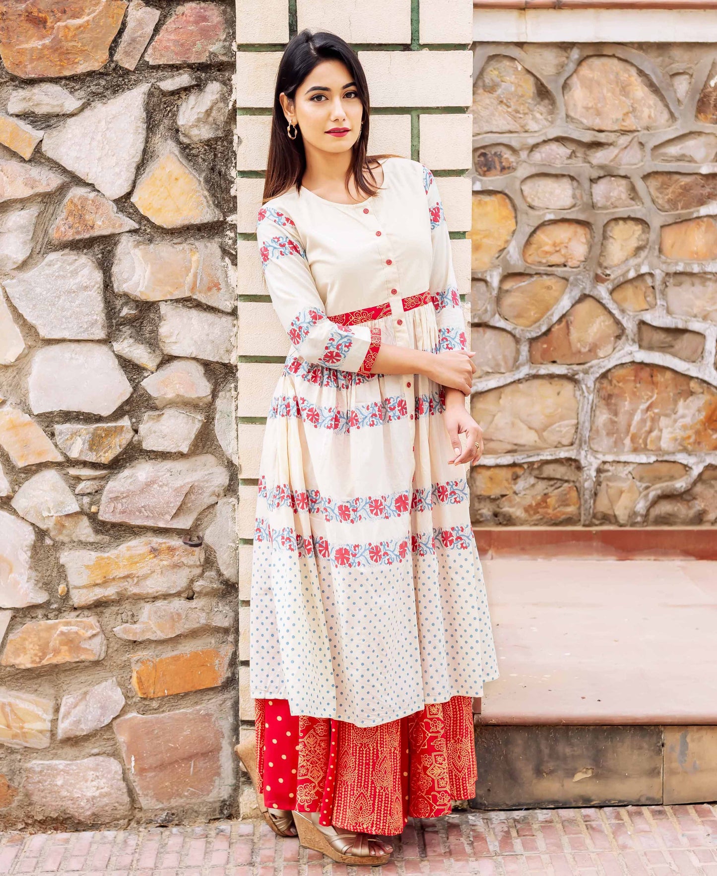 Beige and Red Block Printed Double Layered Dress