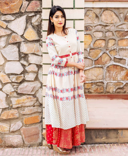 Beige and Red Block Printed Double Layered Dress