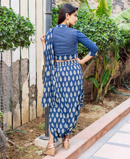 Indigo Block Printed Designer Dhoti Saree