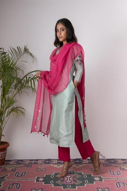 Rajnigandha'Hand Embroidered mint chanderi kurta . 2pc set (kurta and dupatta)