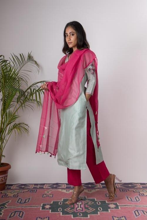 Rajnigandha'Hand Embroidered mint chanderi kurta . 2pc set (kurta and dupatta)