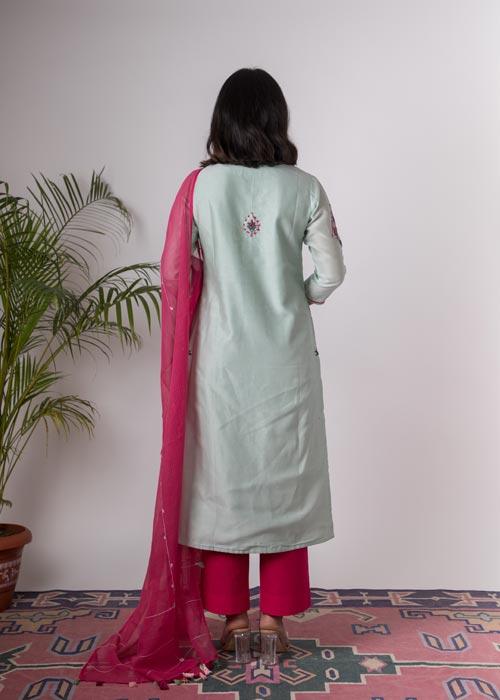 Rajnigandha'Hand Embroidered mint chanderi kurta . 2pc set (kurta and dupatta)