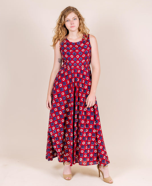 Red/Blue/Aqua Sleeveless Hand Block Print Flare Dress