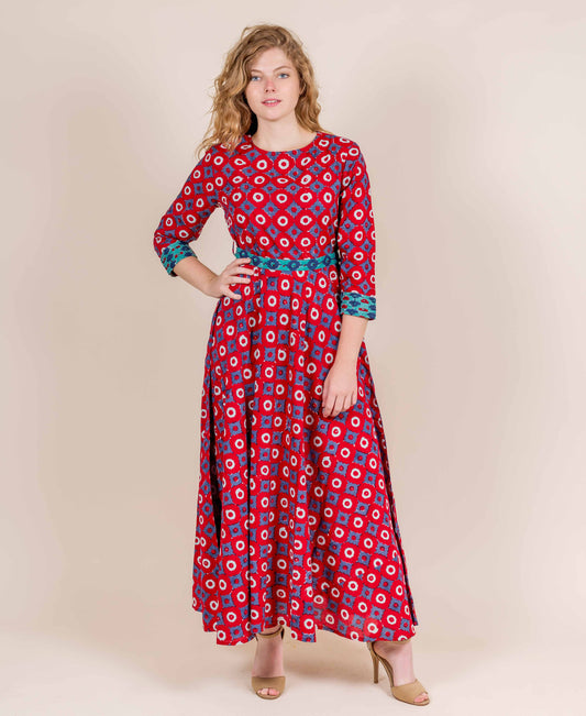 Red / Blue / Aqua Hand Block Print Indo Western Dress