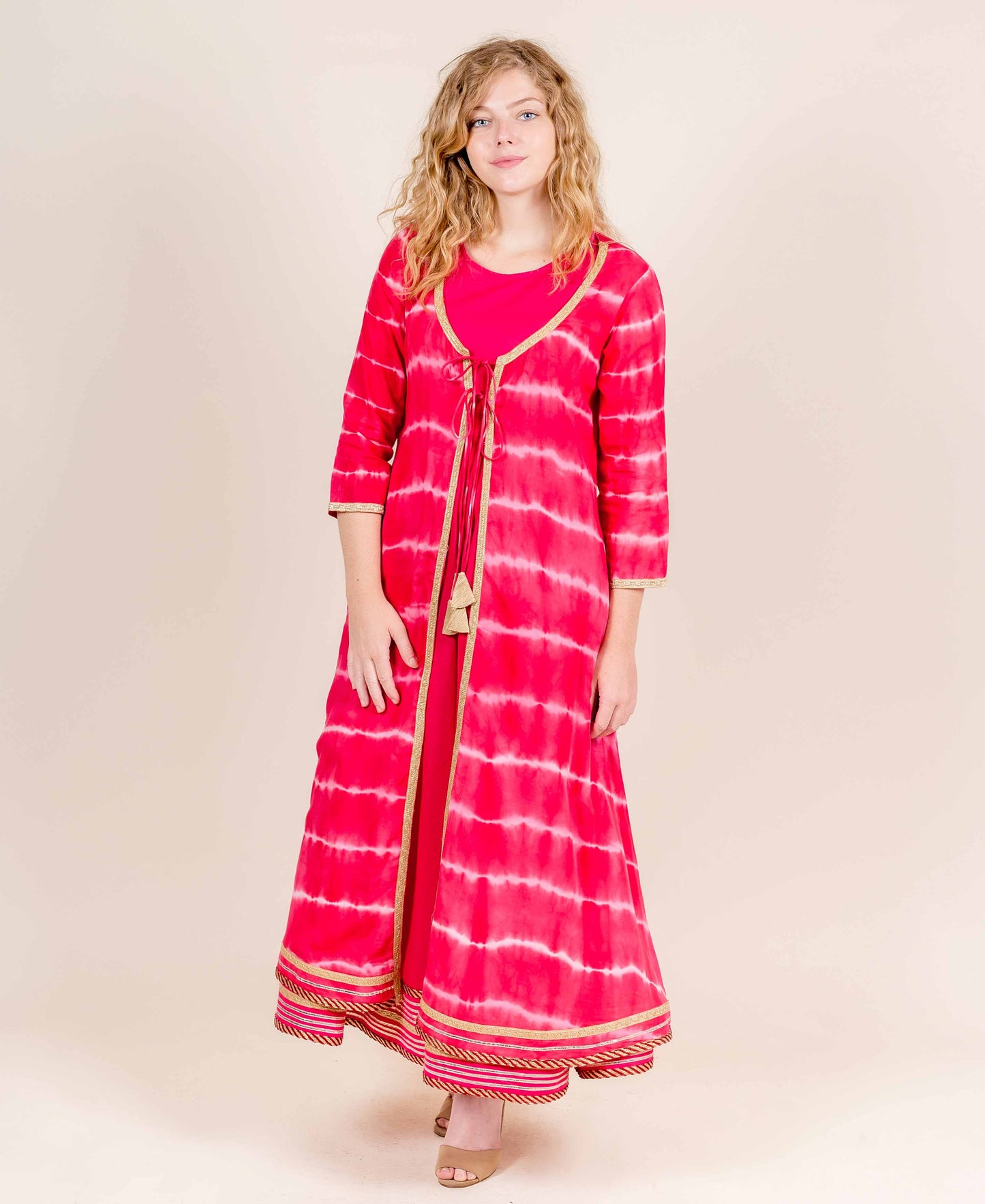 Red Double Layered Tie and Dye Jacket Style Dress