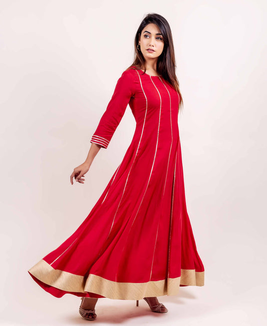 Red Flared Dress with Gota Trim