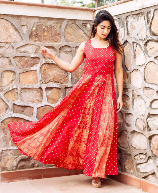 Red Hand Block Printed Sleeveless Anarkali Dress