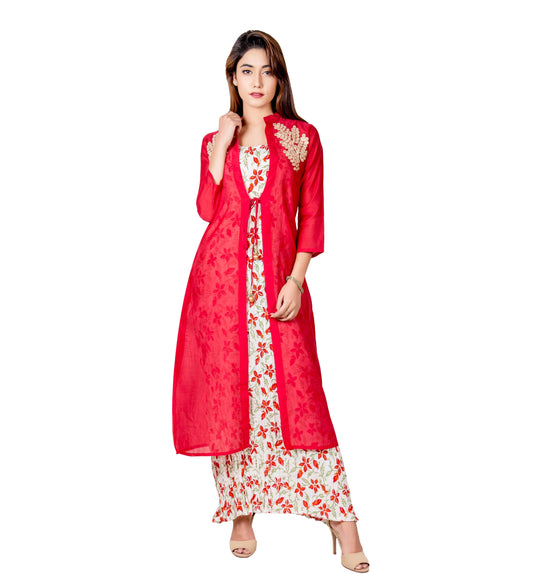 Off-White and Red Indo Western Style Long Kurta with Chanderi Jacket