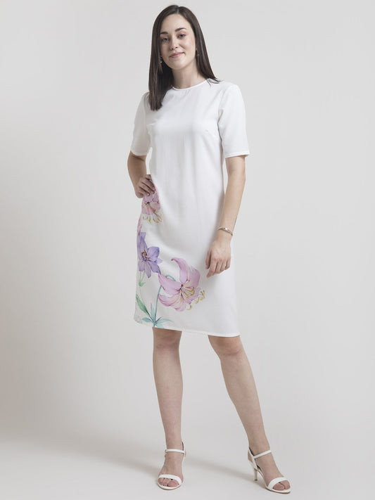 Round Neck Watercolour Floral Shift Dress - White