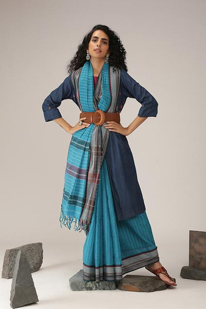 Dobby cotton handloom saree- Teal Blue