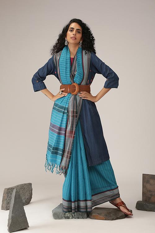 Dobby cotton handloom saree- Teal Blue