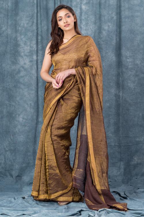Handwoven Pure Brown Linen Saree