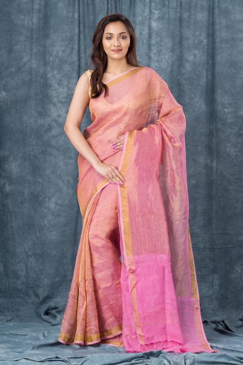 Handwoven Pure Linen Pink Saree