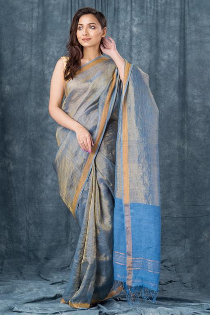 Handwoven Pure Linen Sky Blue Saree