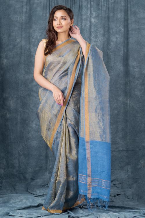 Handwoven Pure Linen Sky Blue Saree