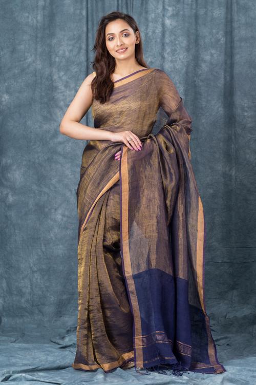 Handwoven Pure Linen Dark Indigo Saree