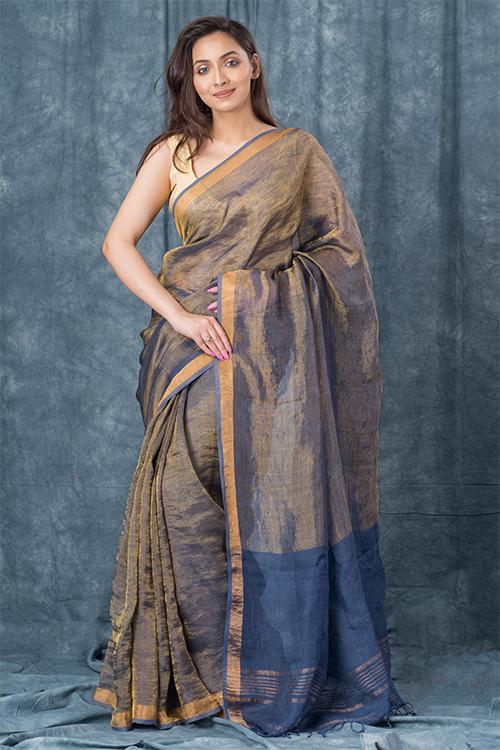 Handwoven Pure Linen Light Indigo Saree